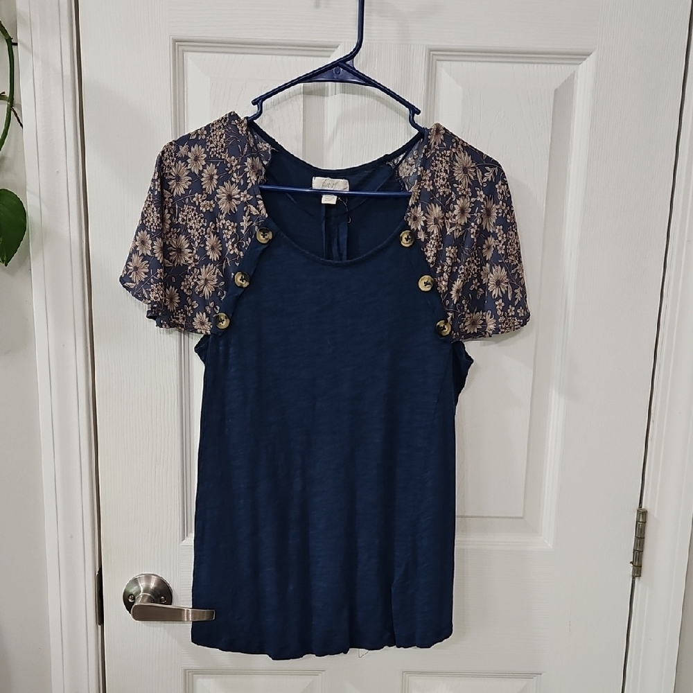 Navy Blue Floral Sleeve Women's Top